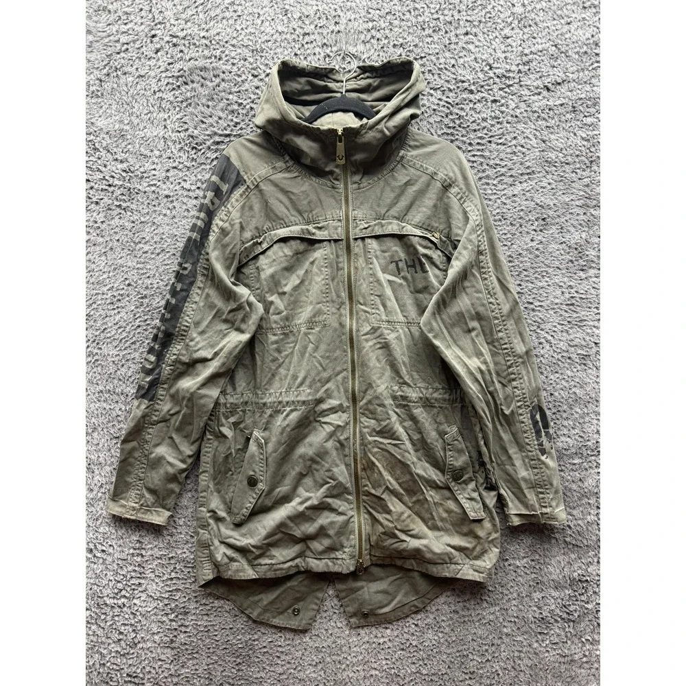 True Religion Denim Hooded Military Parka Jacket Olive Green Mens Size M